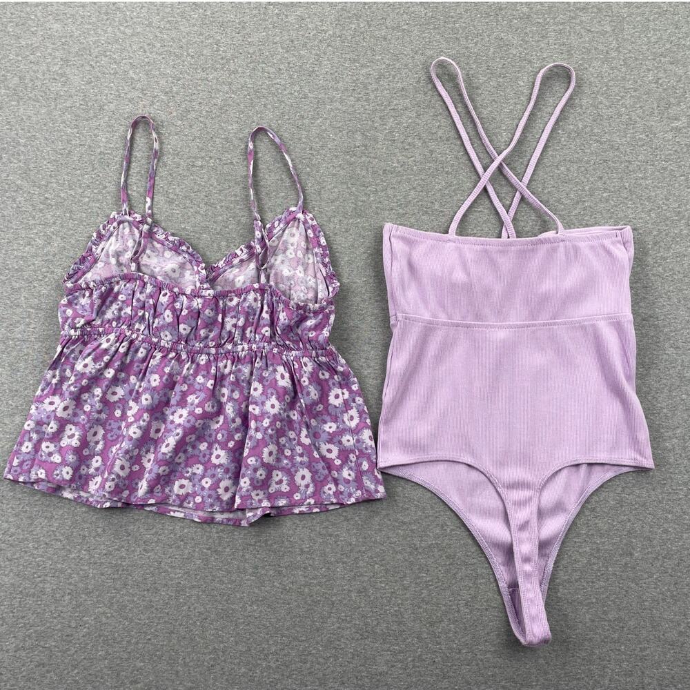 Lot of 2 Nordstrom Tank Tops XS Purple Floral Babydoll & Rib Knit Bodysuit - Picture 2 of 16